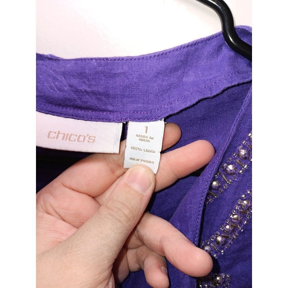 Chicos Top Womens Sz 1 Oversized Purple Linen Beaded V-Neck Casual Basic - Picture 5 of 6